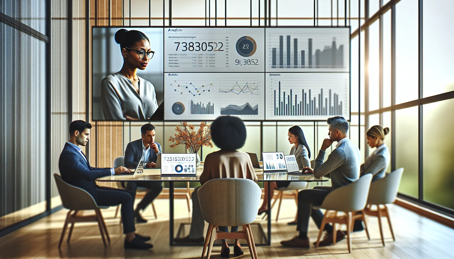 professionals collaborating over data analysis in a modern office.