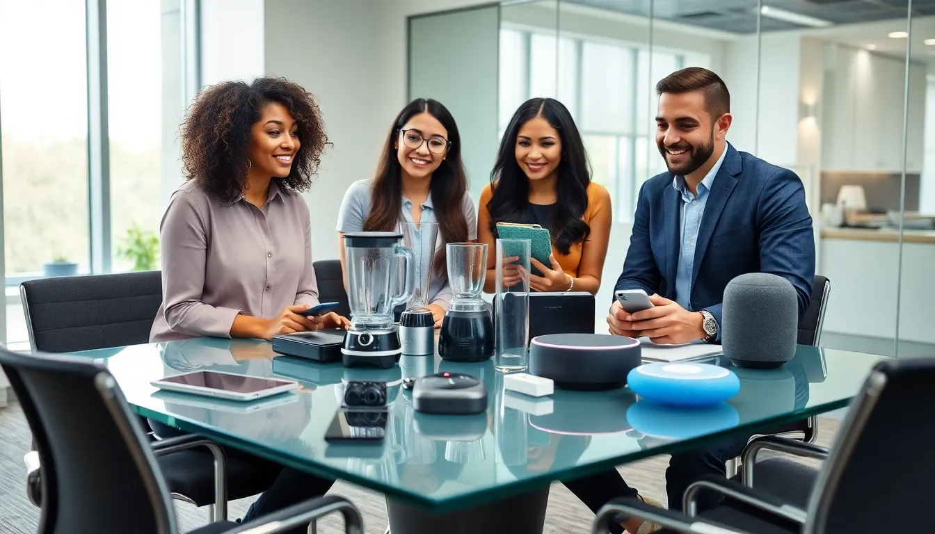 professionals discussing innovative gizmos and gadgets in a modern office