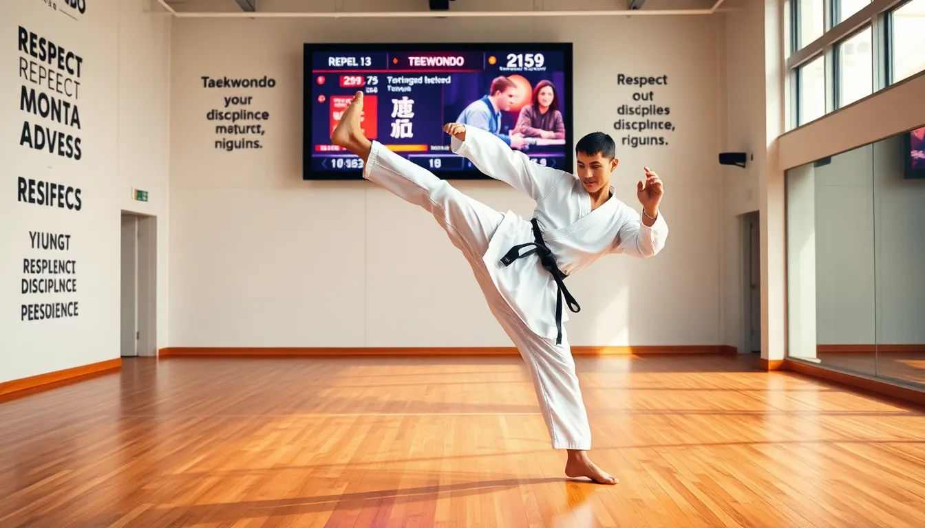 taekwondo practitioner demonstrating a high kick in a modern dojo setting.