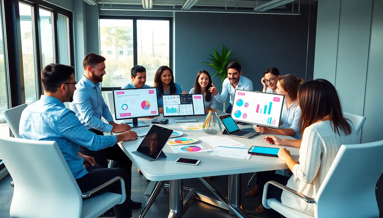 diverse team collaborating on event planning in a modern office.