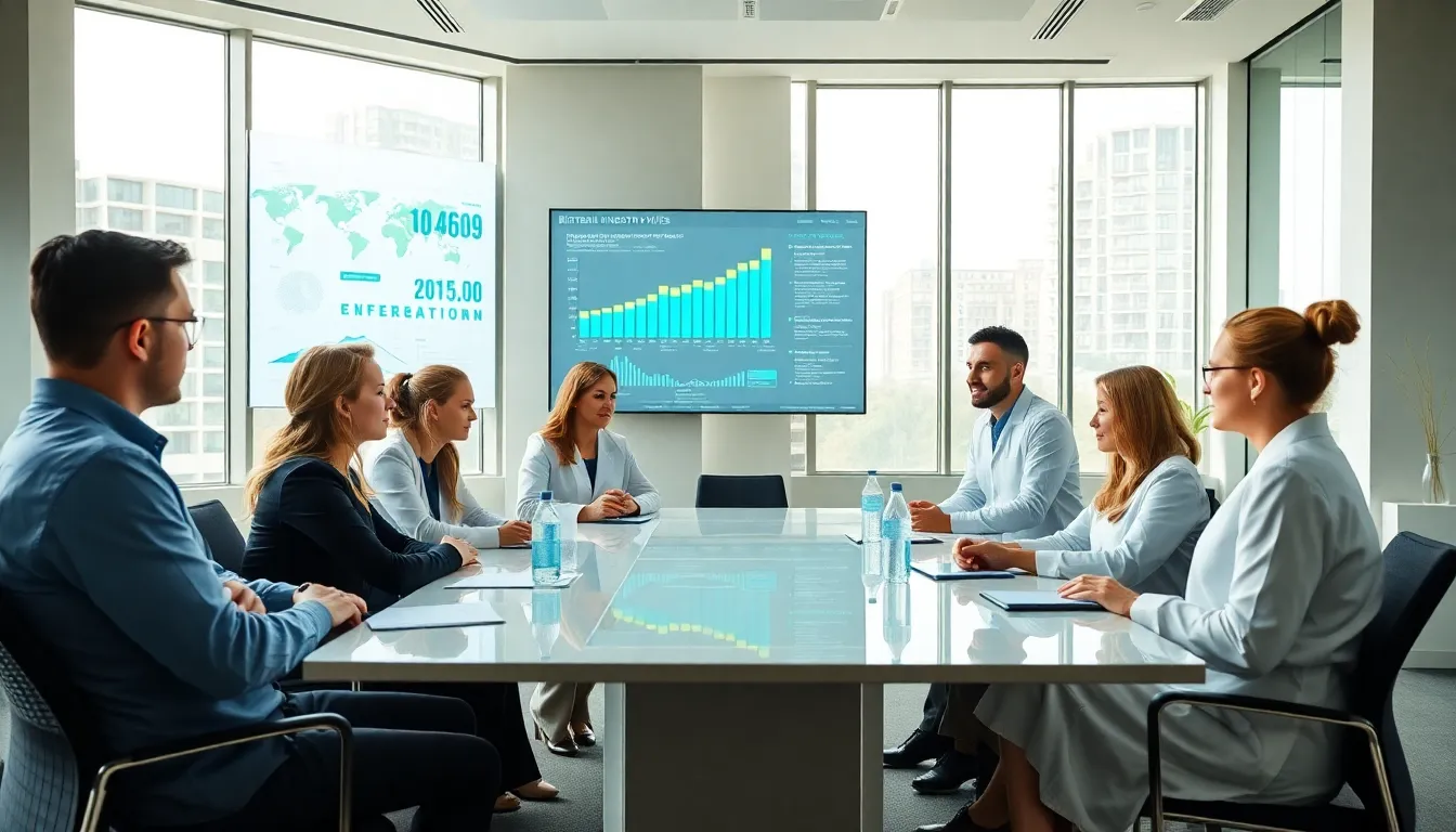 diverse team discussing biotech innovations in a modern office.