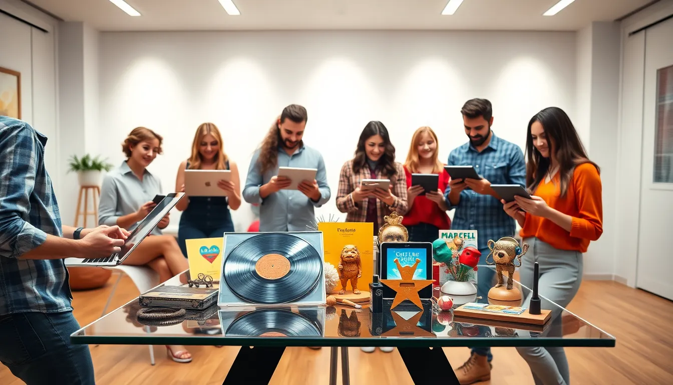 diverse group browsing collectibles in a modern workspace.