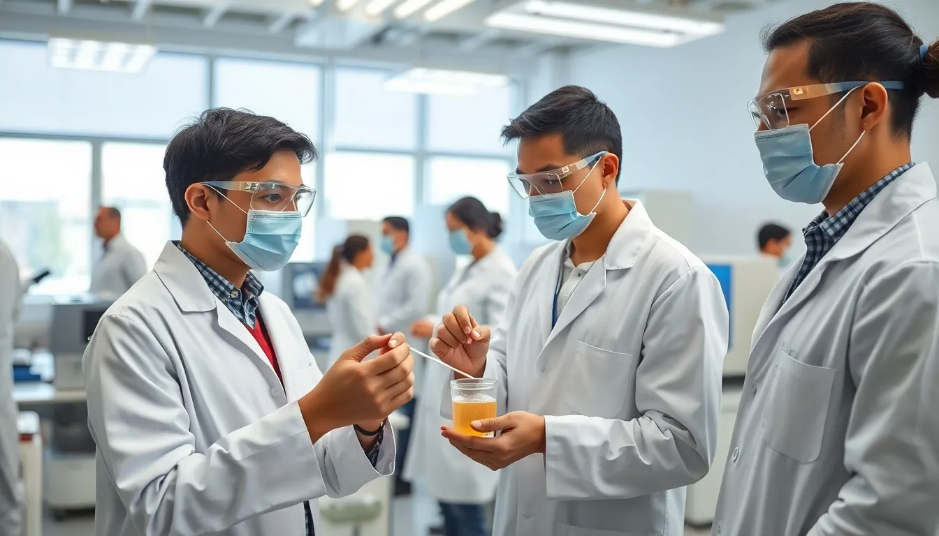 diverse lab technicians performing viral culture swabbing in a clinical lab.