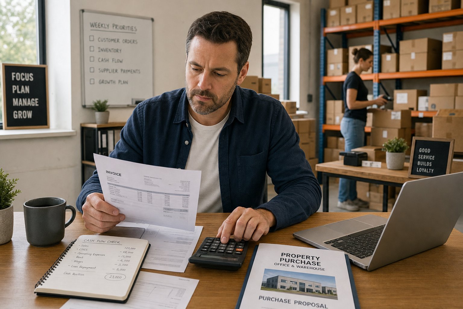 Business owner reviewing finances in an organised warehouse office with inventory and paperwork visible.