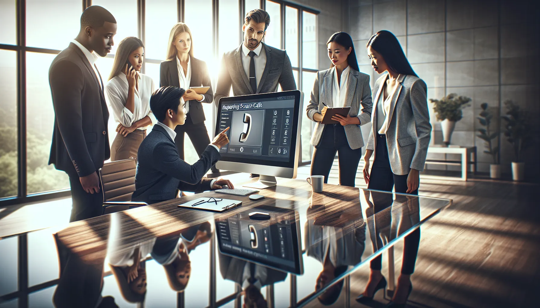 professionals discussing how to report a scam call in a modern office.