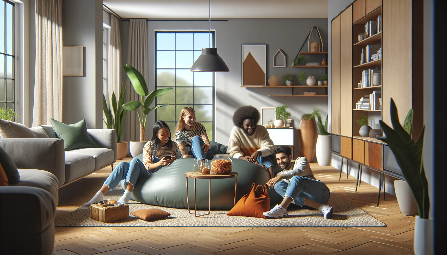 friends enjoying game night on a stylish Koshio bean bag.