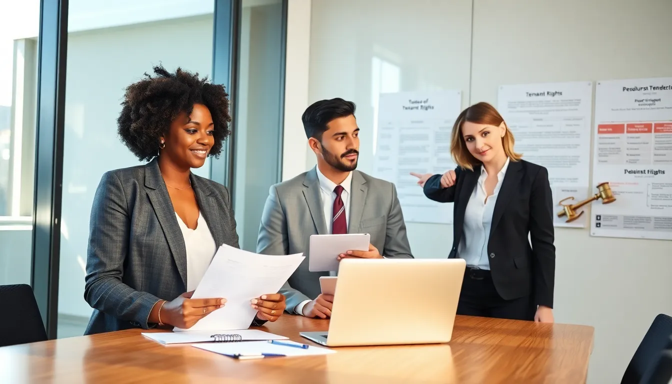 diverse group discussing tenant rights in a modern office
