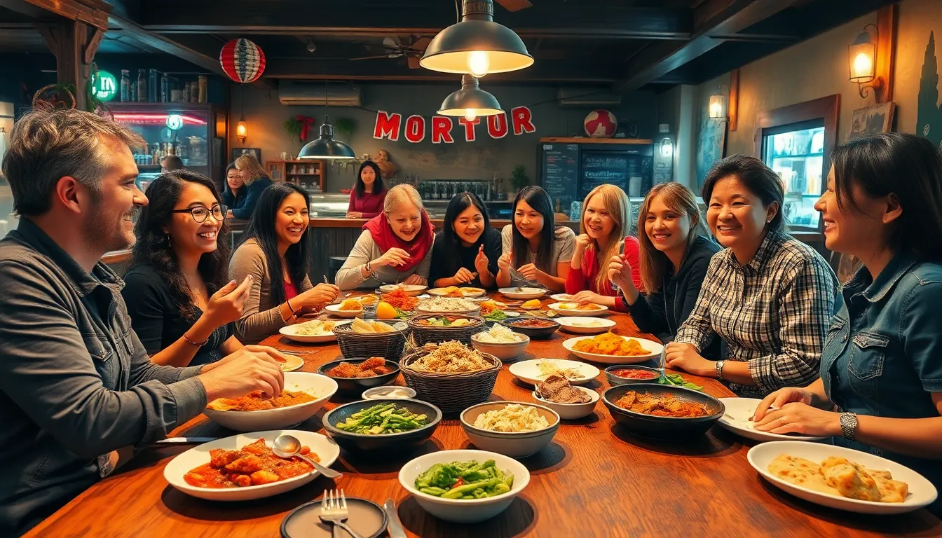 diverse travelers enjoying local dishes around a wooden table.
