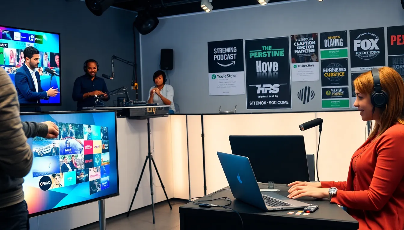 media professionals in a studio showcasing various types of broadcast media.