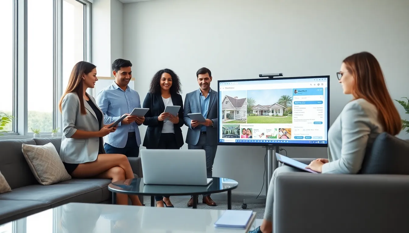 diverse real estate agents collaborating in a modern office.