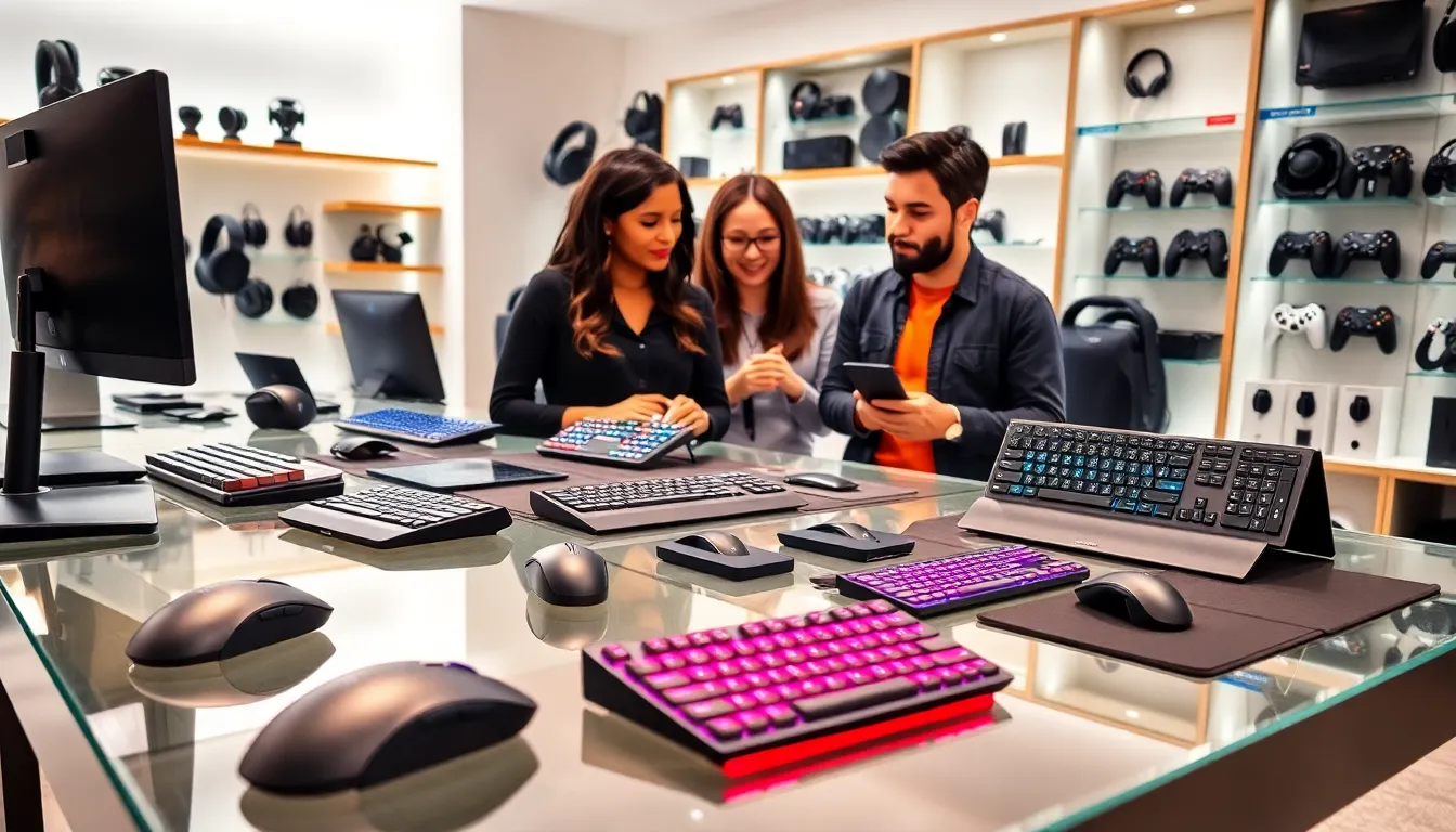 modern computer accessories shop with diverse professionals discussing products.