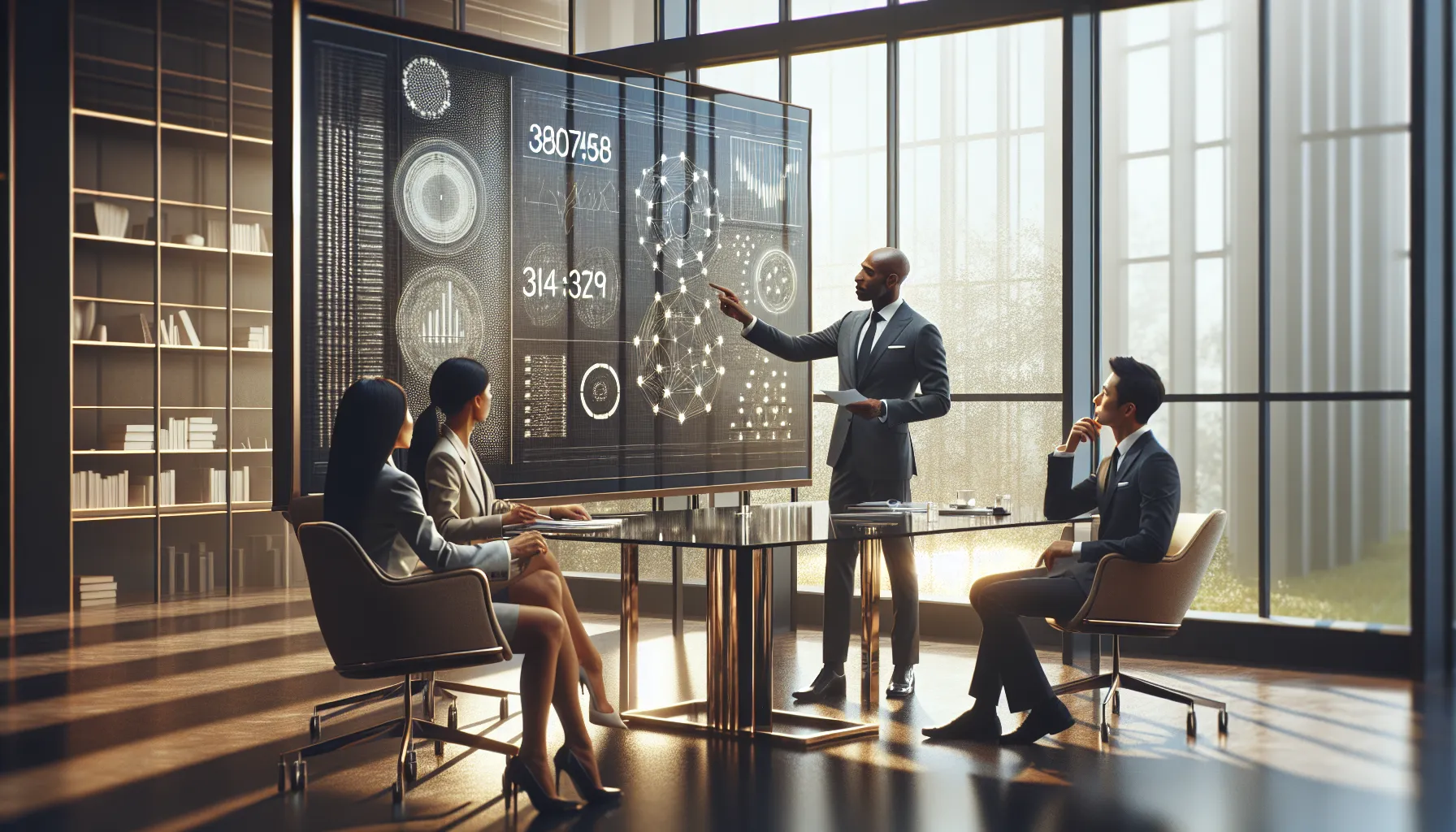 diverse professionals discussing the significance of a key number in a modern office.