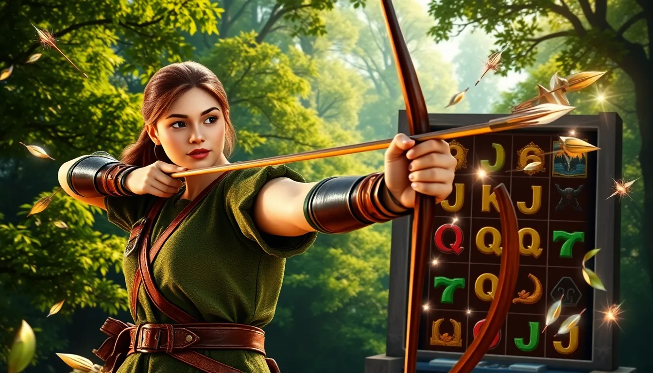 a young archer in medieval attire aiming her bow in a vibrant forest.