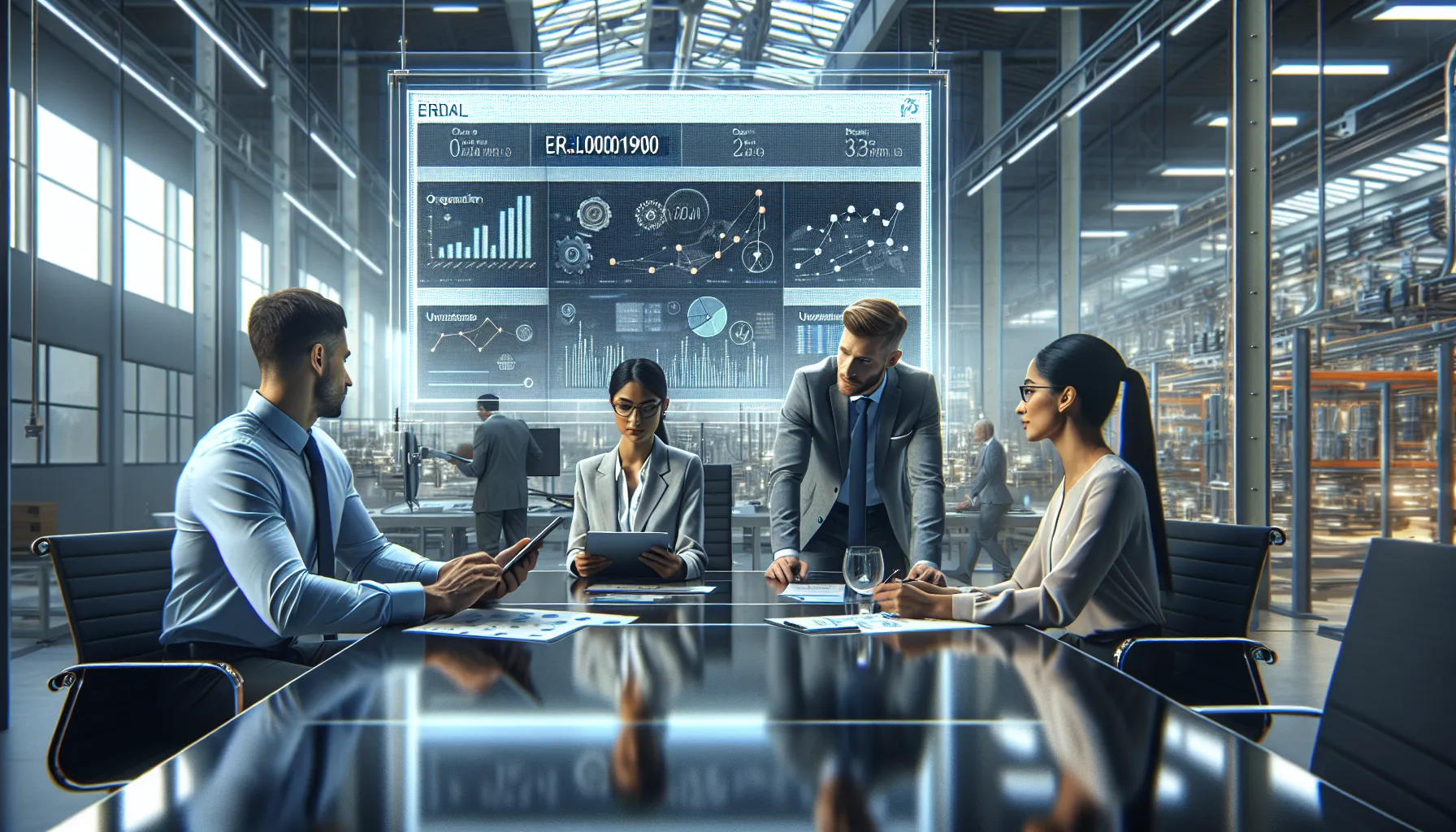 professionals collaborating over technology in a modern industrial workspace.