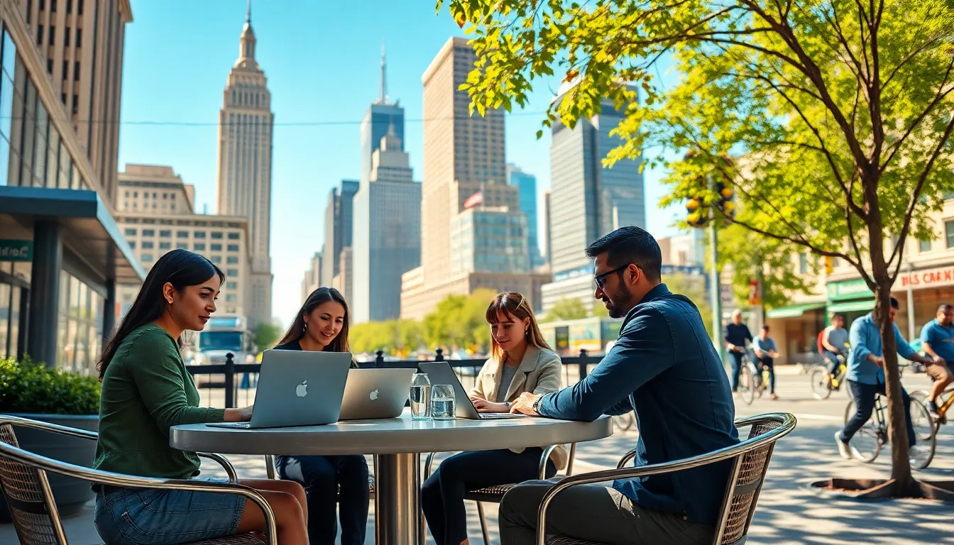 diverse professionals working outdoors in a city caf&eacute; setting.