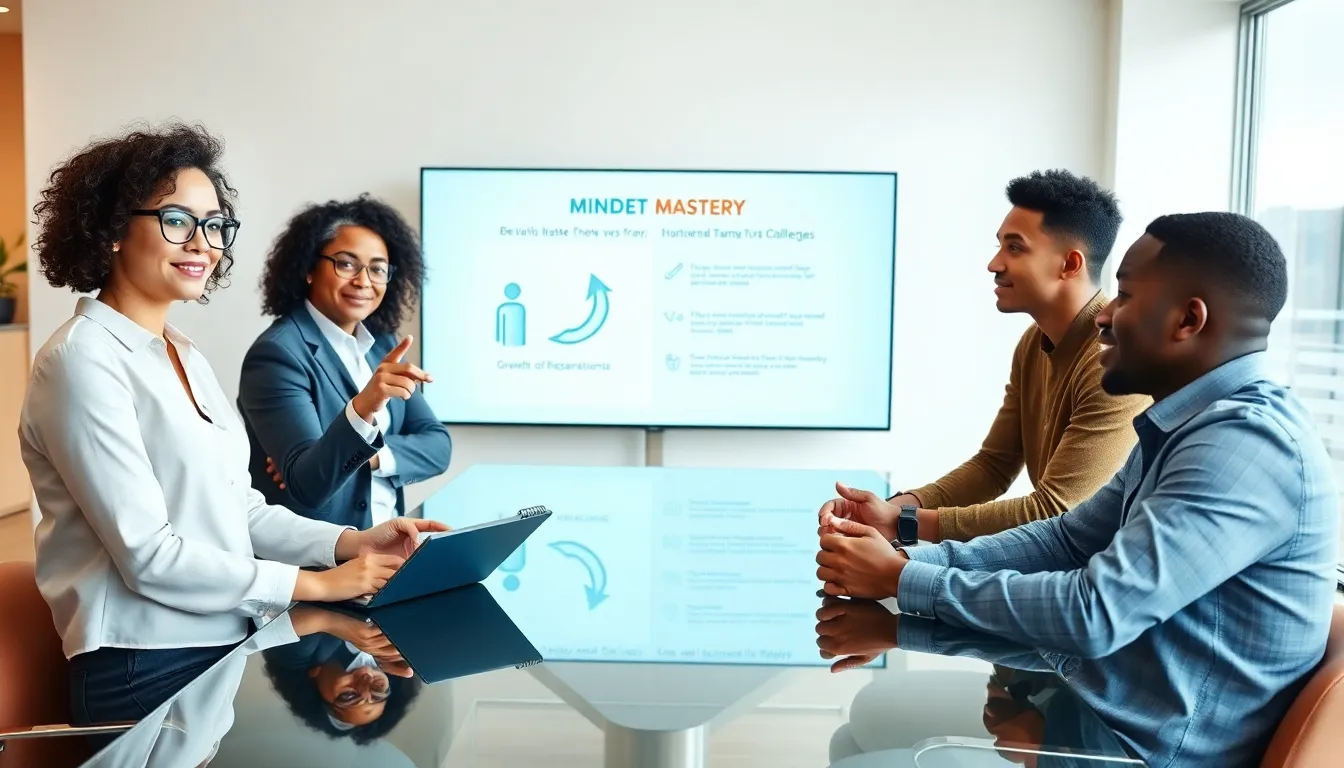 professionals discussing mindset mastery in a modern office.