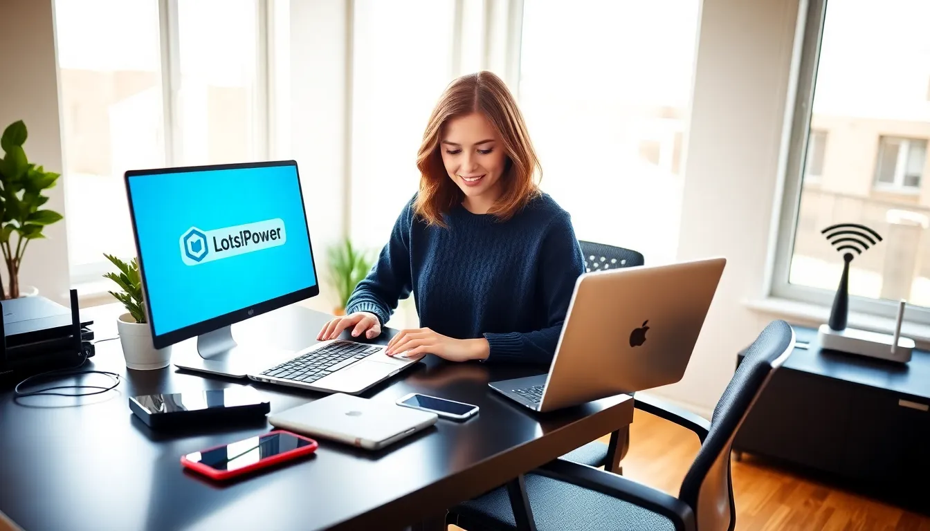 a young woman working on a laptop in a bright home office.