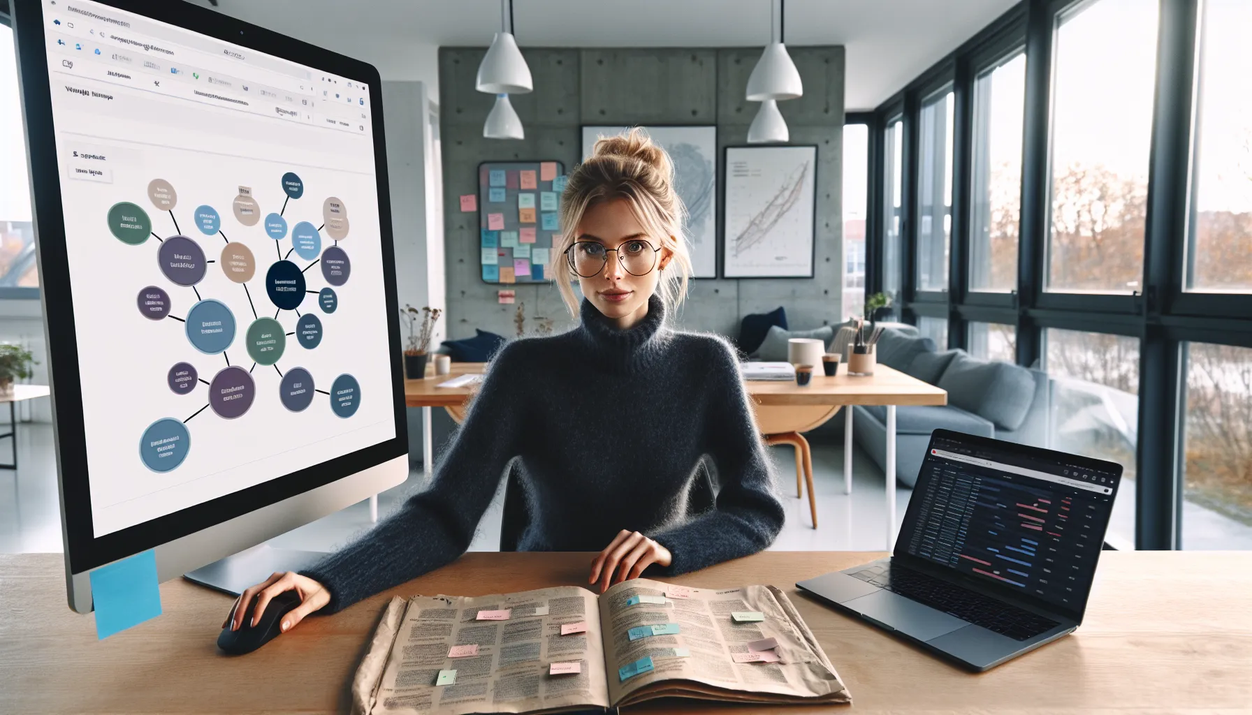 Norwegian marketer reviews a topic cluster diagram with interlinking pillar and clusters.