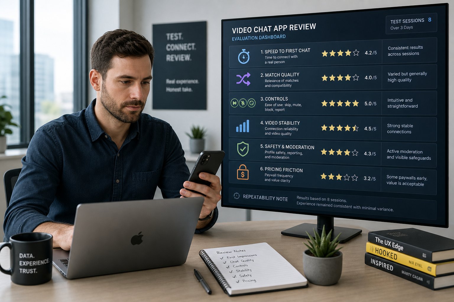 Reviewer analyzing random video chat app criteria on laptop and dashboard screen.
