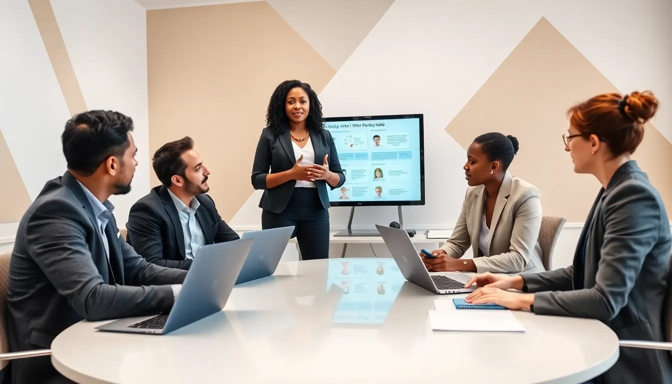 diverse professionals discussing parenting styles in a modern office.