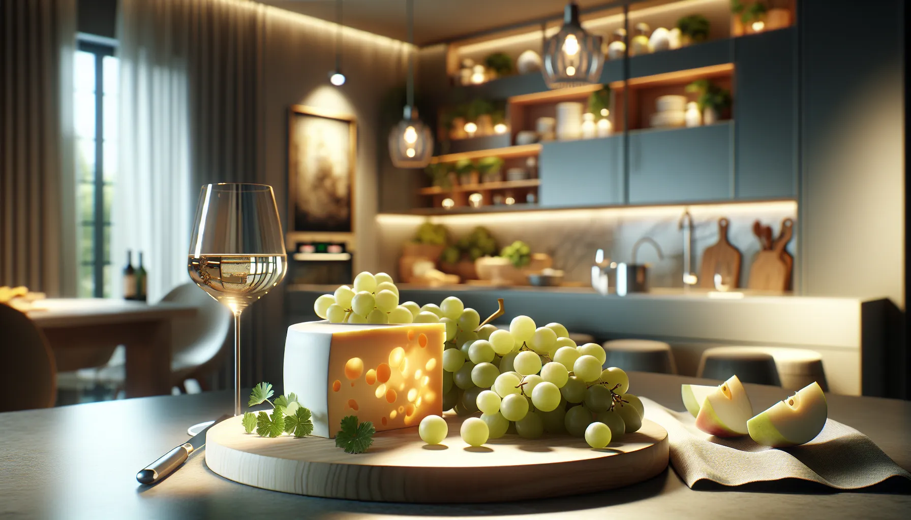 charcuterie board with white cheddar, grapes, and wine in a modern kitchen.
