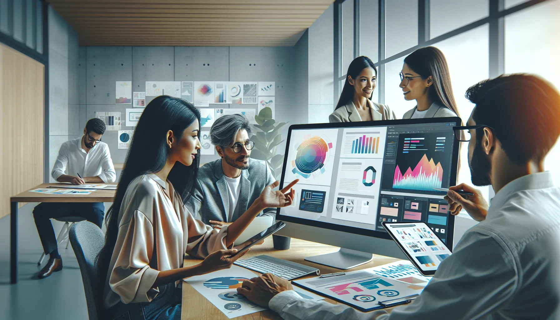 team comparing graphic design software in a modern office setting.