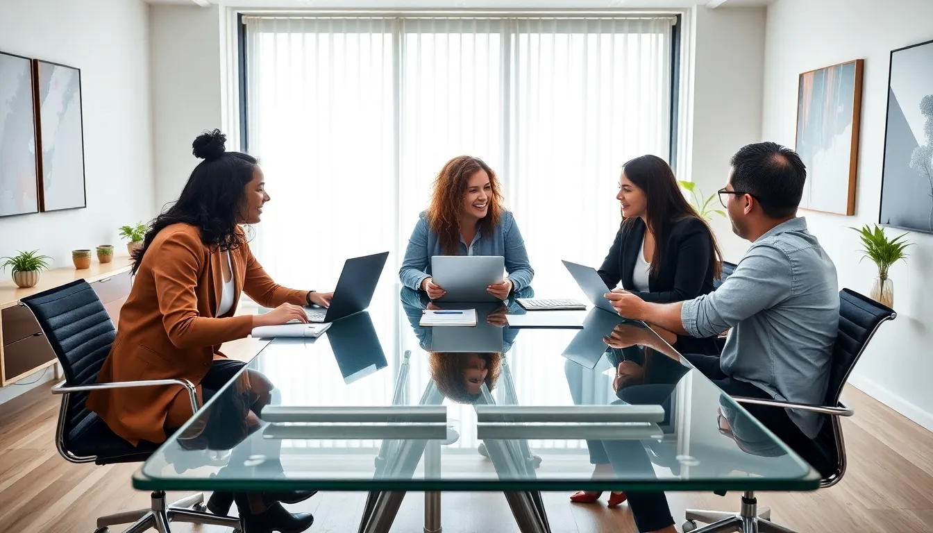 diverse professionals collaborating in a modern office space.