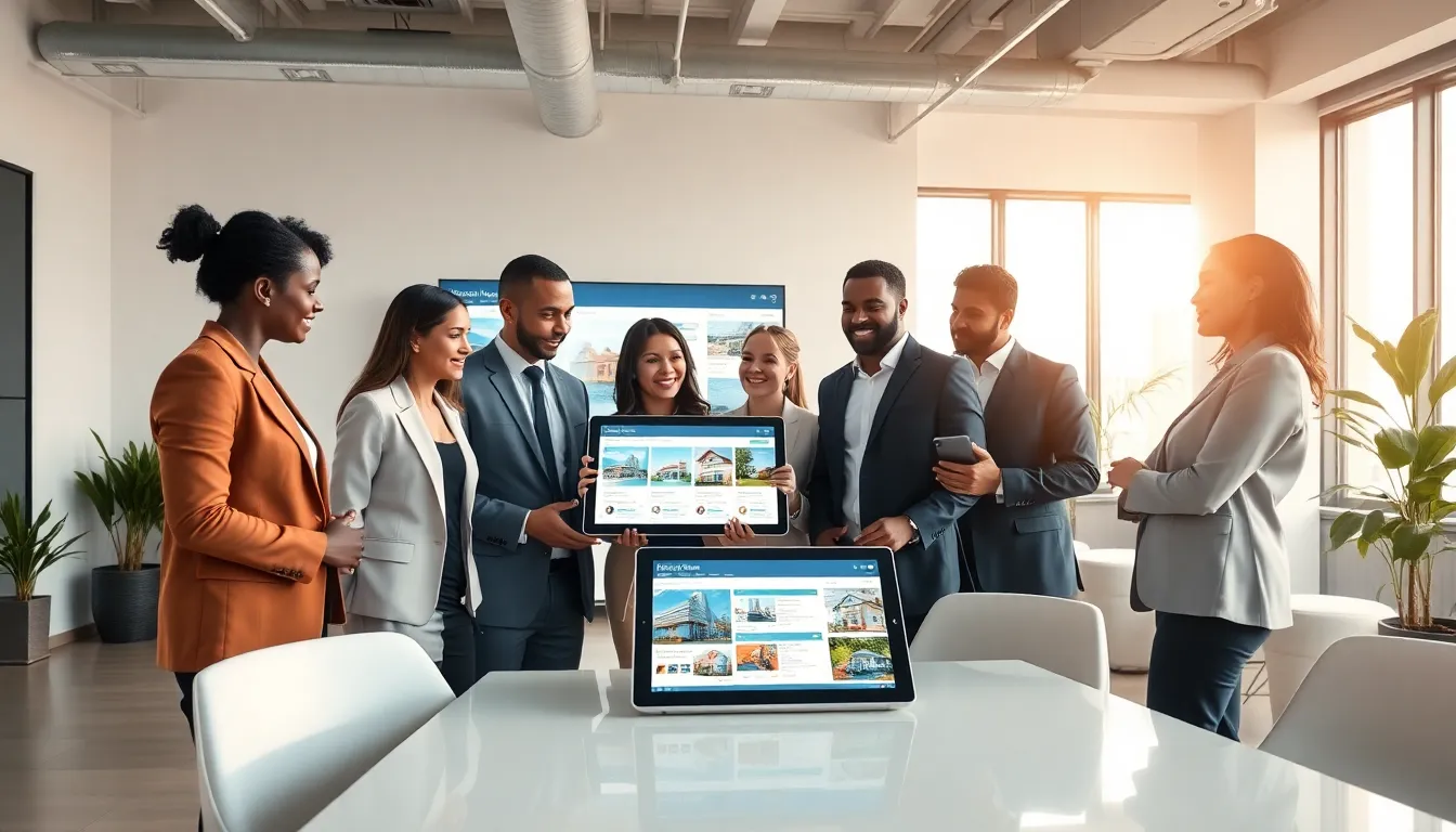 diverse real estate agents collaborating in a modern office.