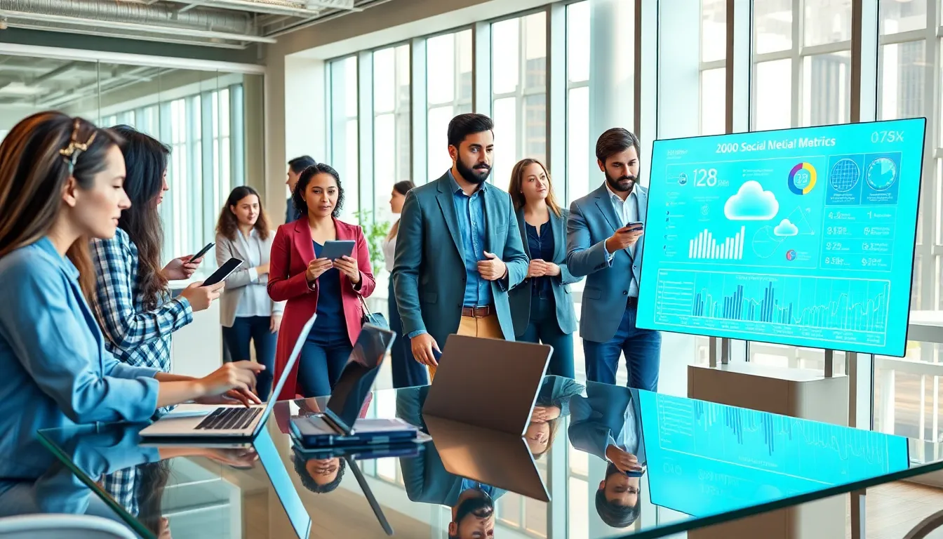 diverse team collaborating in a modern workspace with advanced technology.