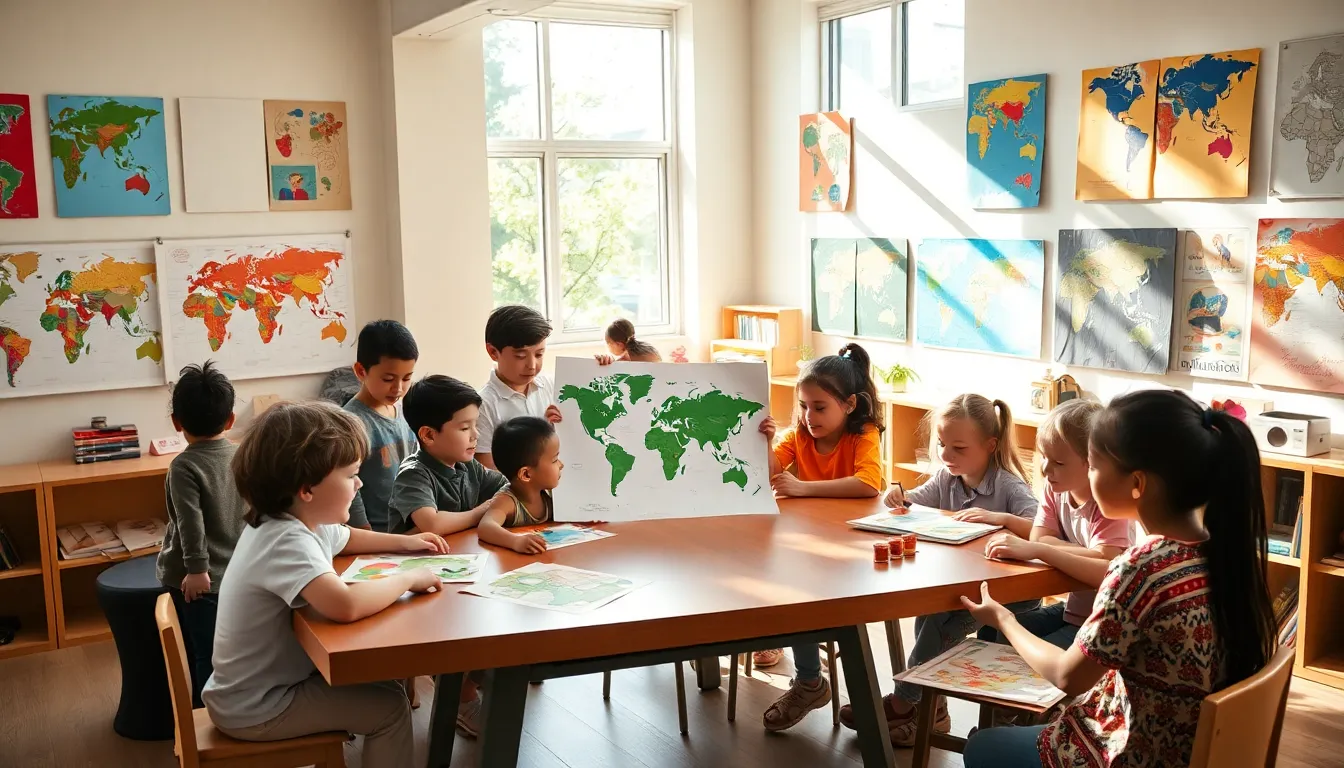 diverse children engaging in cultural exploration in a bright classroom.