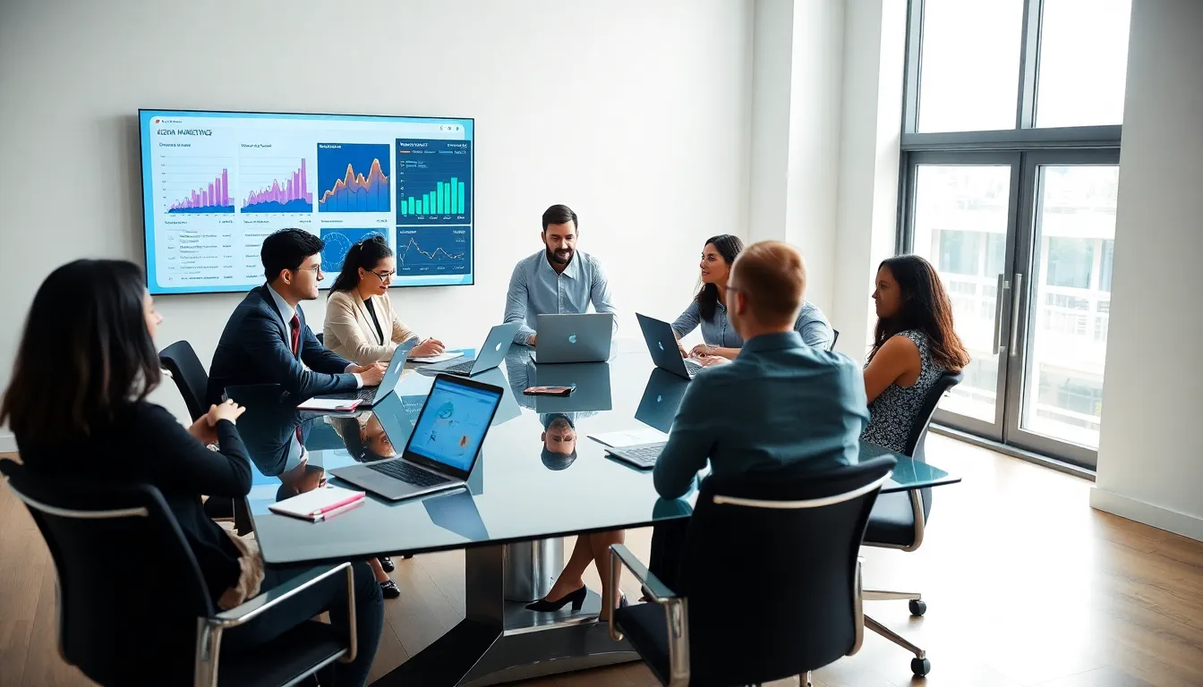 diverse team collaborating on digital marketing strategies in a modern office.