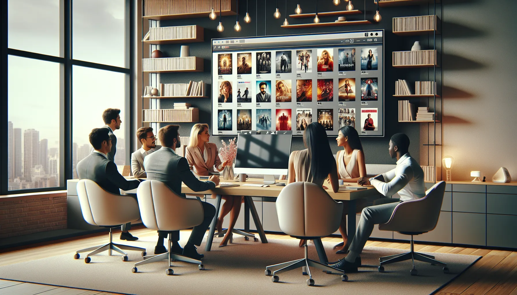 professionals discussing Telugu films in a modern office.