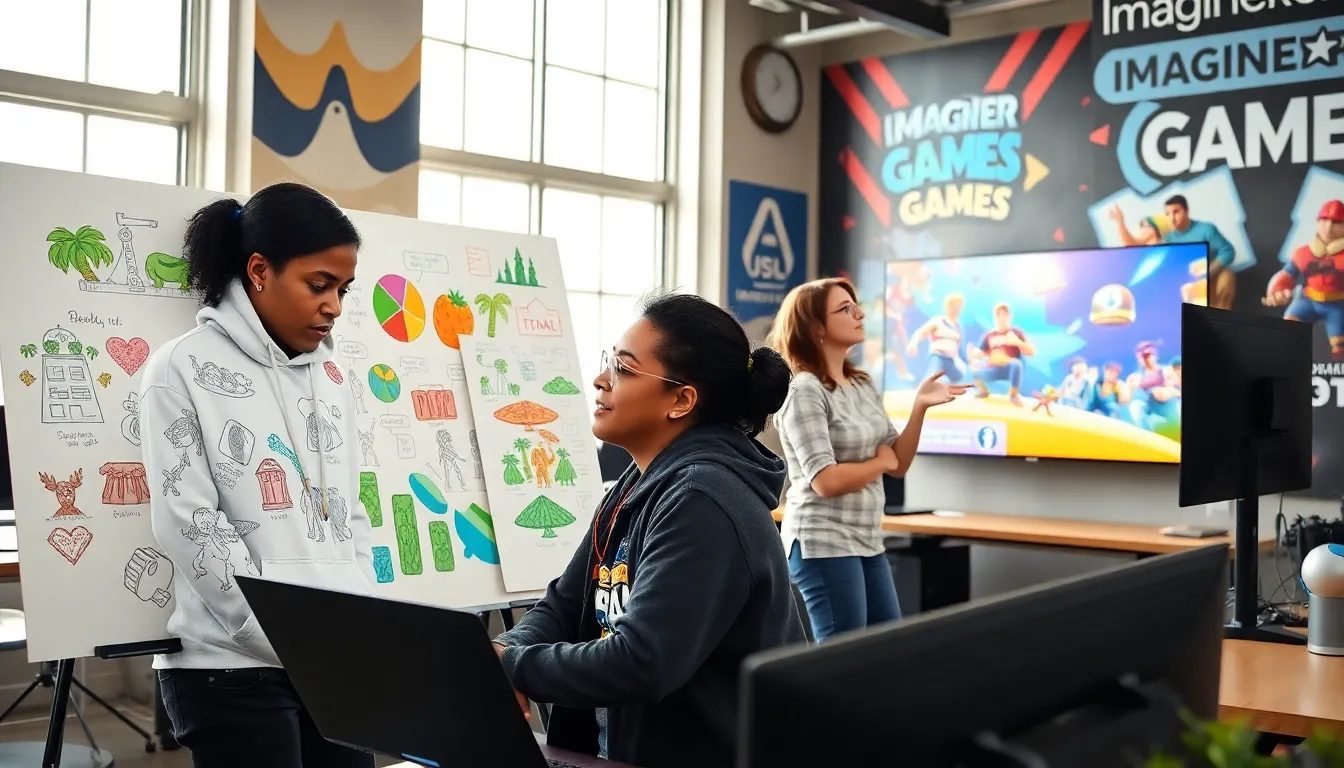 game developers collaborating in a creative office space.