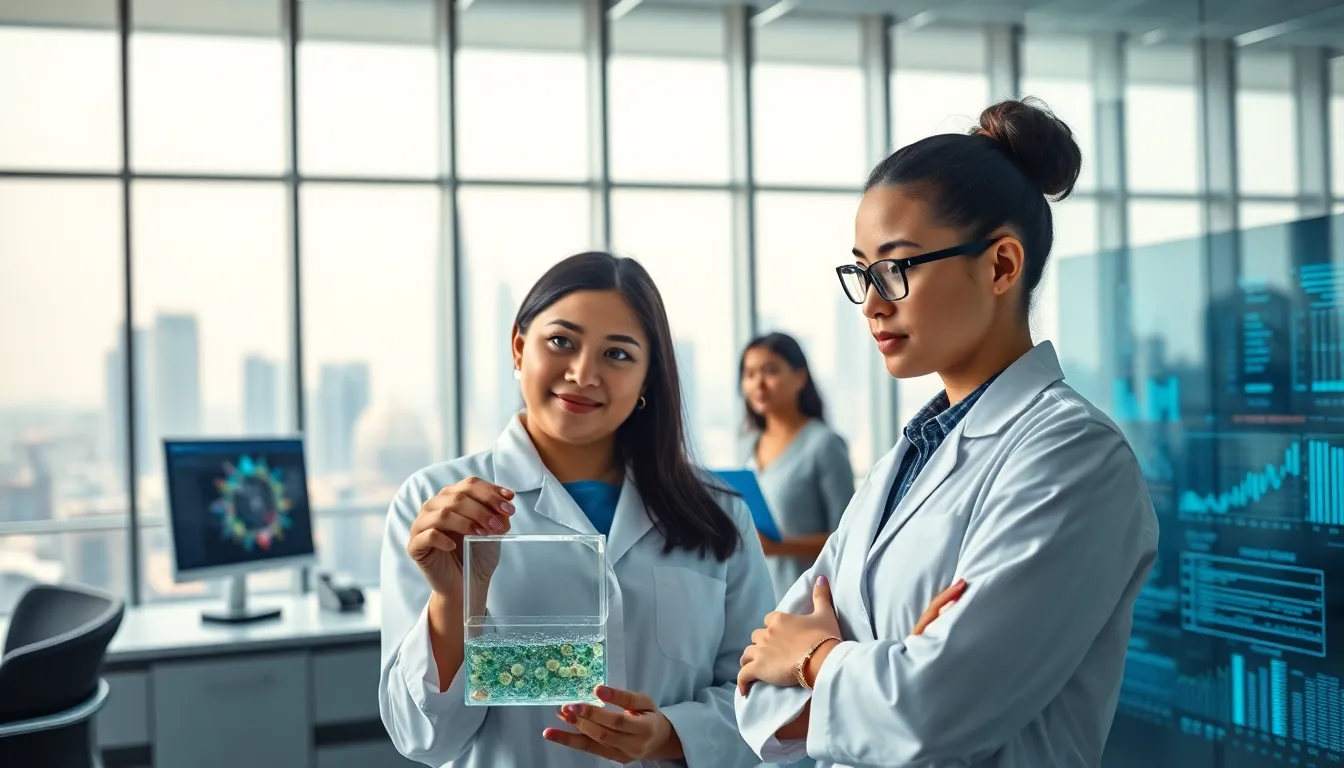 diverse biotech team collaborating in a modern office.
