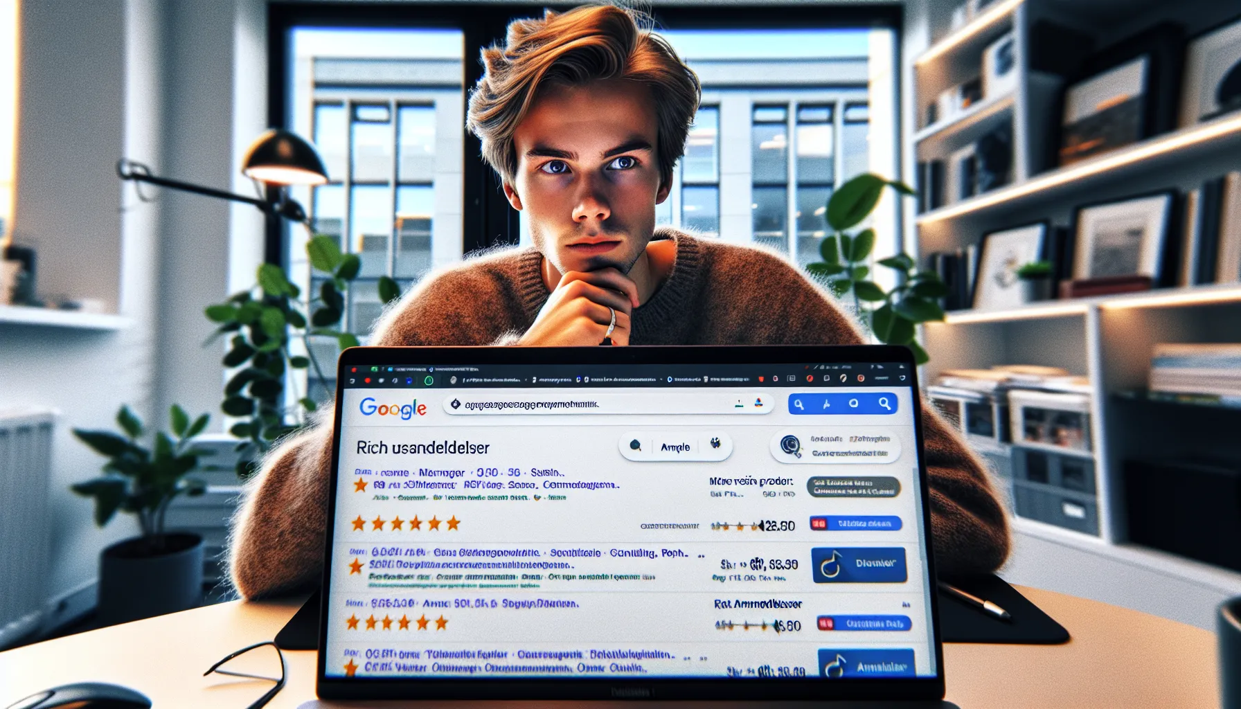 Marketer in oslo analyzing norwegian google results with rich reviews and star ratings.