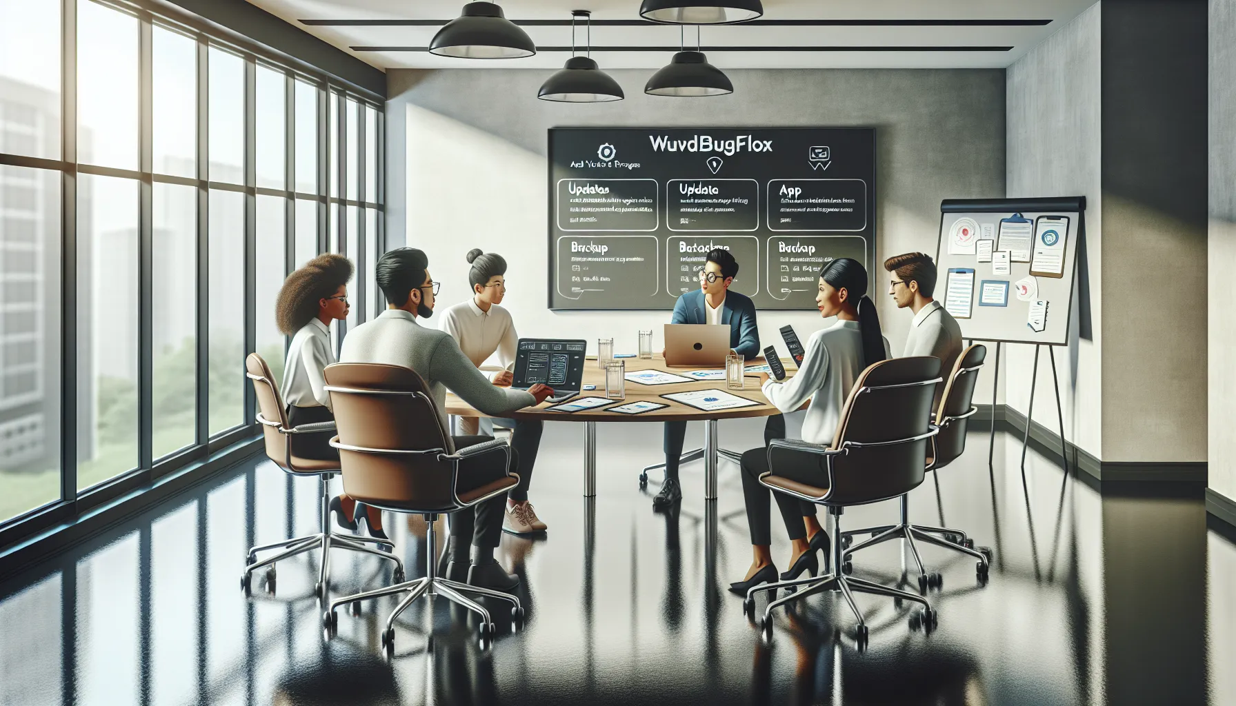 team discussing preventive measures for Wuvdbugflox app in a modern office.