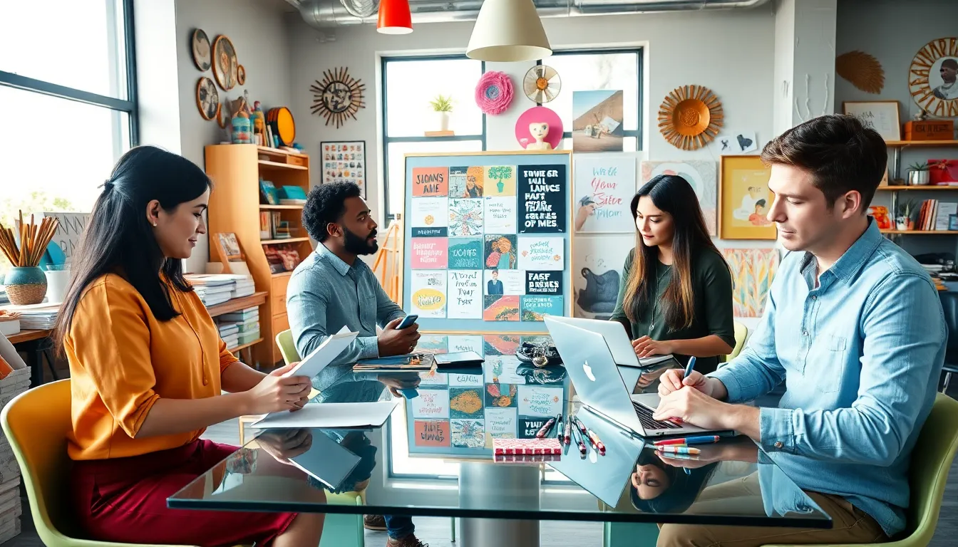 diverse professionals collaborating in a modern, creative workspace.