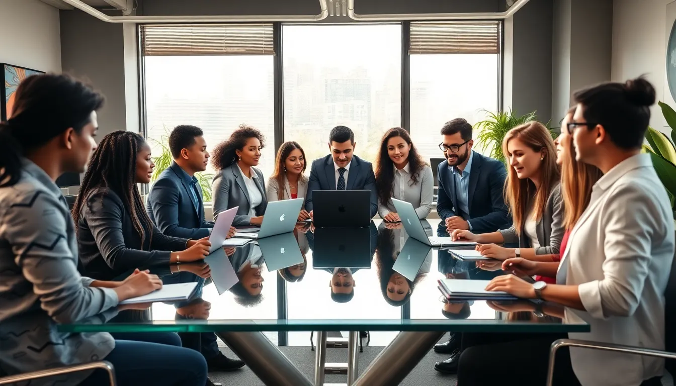 diverse team discussing in a modern office space.