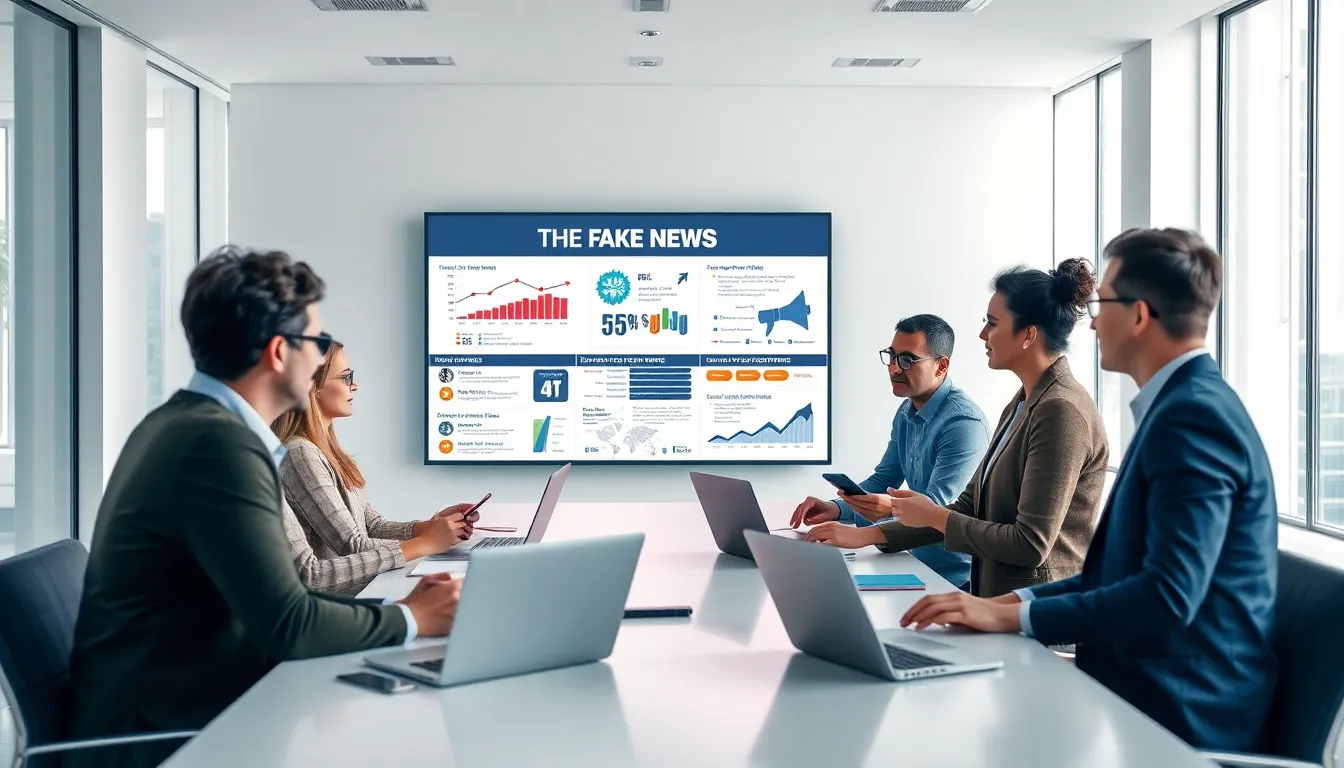 diverse team discussing fake news in a modern office.