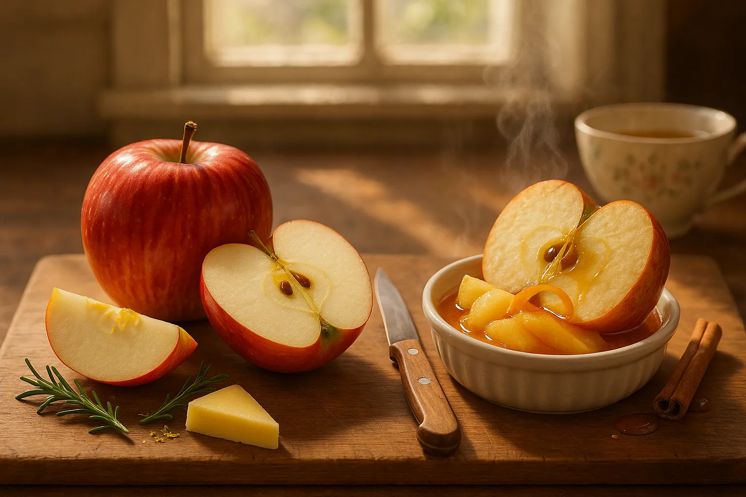 Braeburn apple sliced crisp beside Cox’s Orange Pippin turned into warm compote.