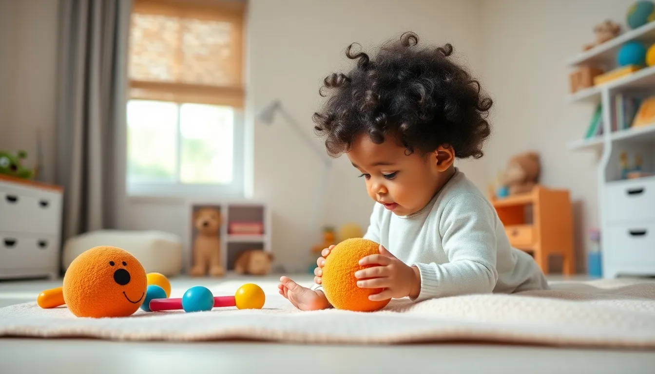 infant exploring toys in a modern nursery.