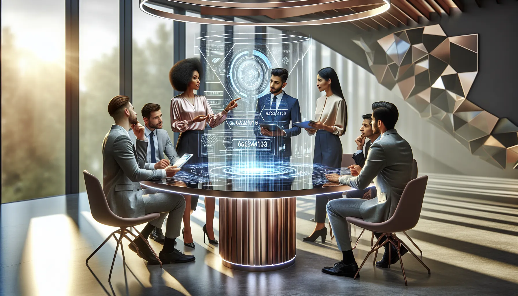 professionals discussing the significance of 6028410100 in a modern office setting.