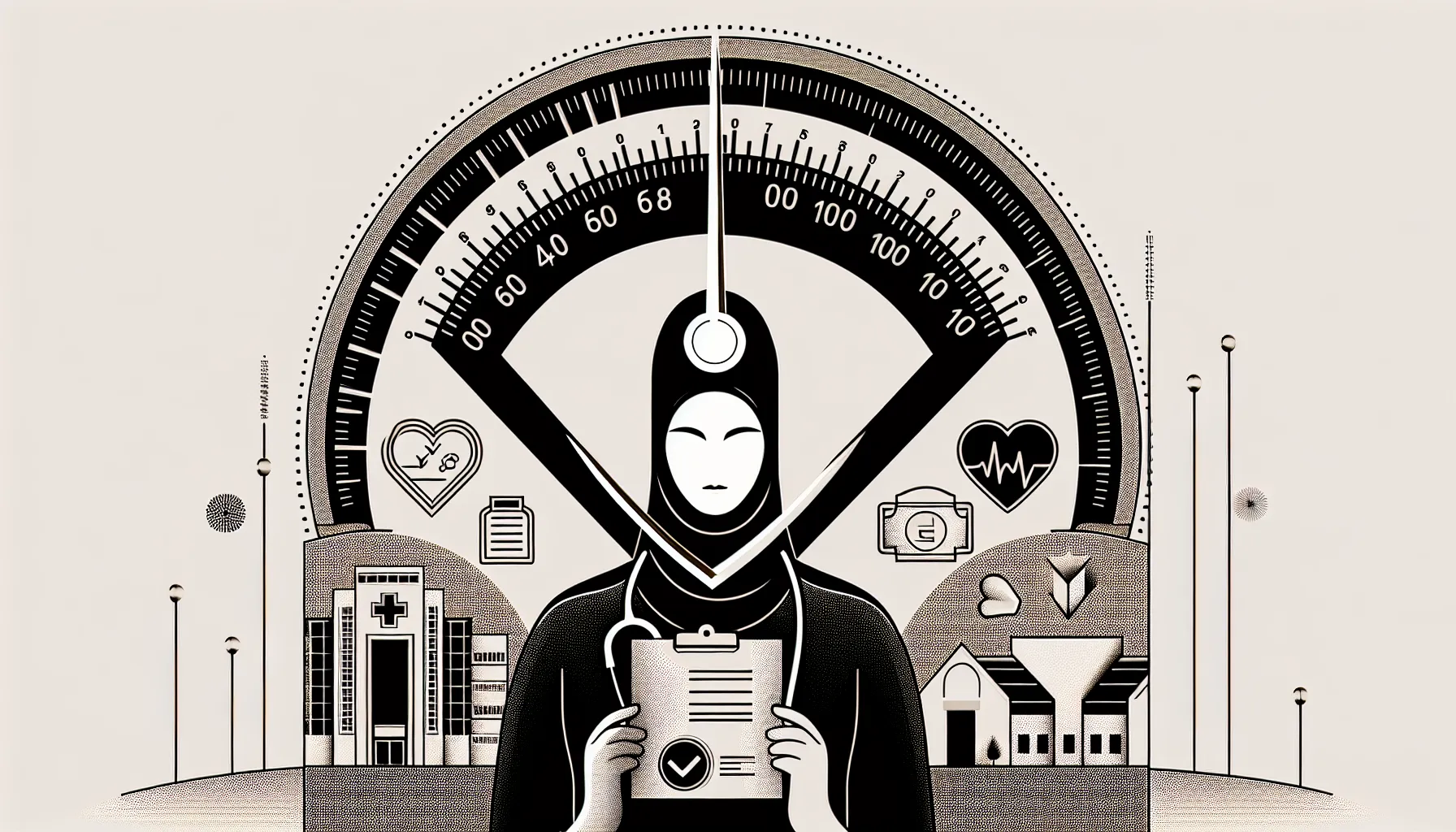 Physician with clipboard and gauge-linked icons cutting a paycheck downward.