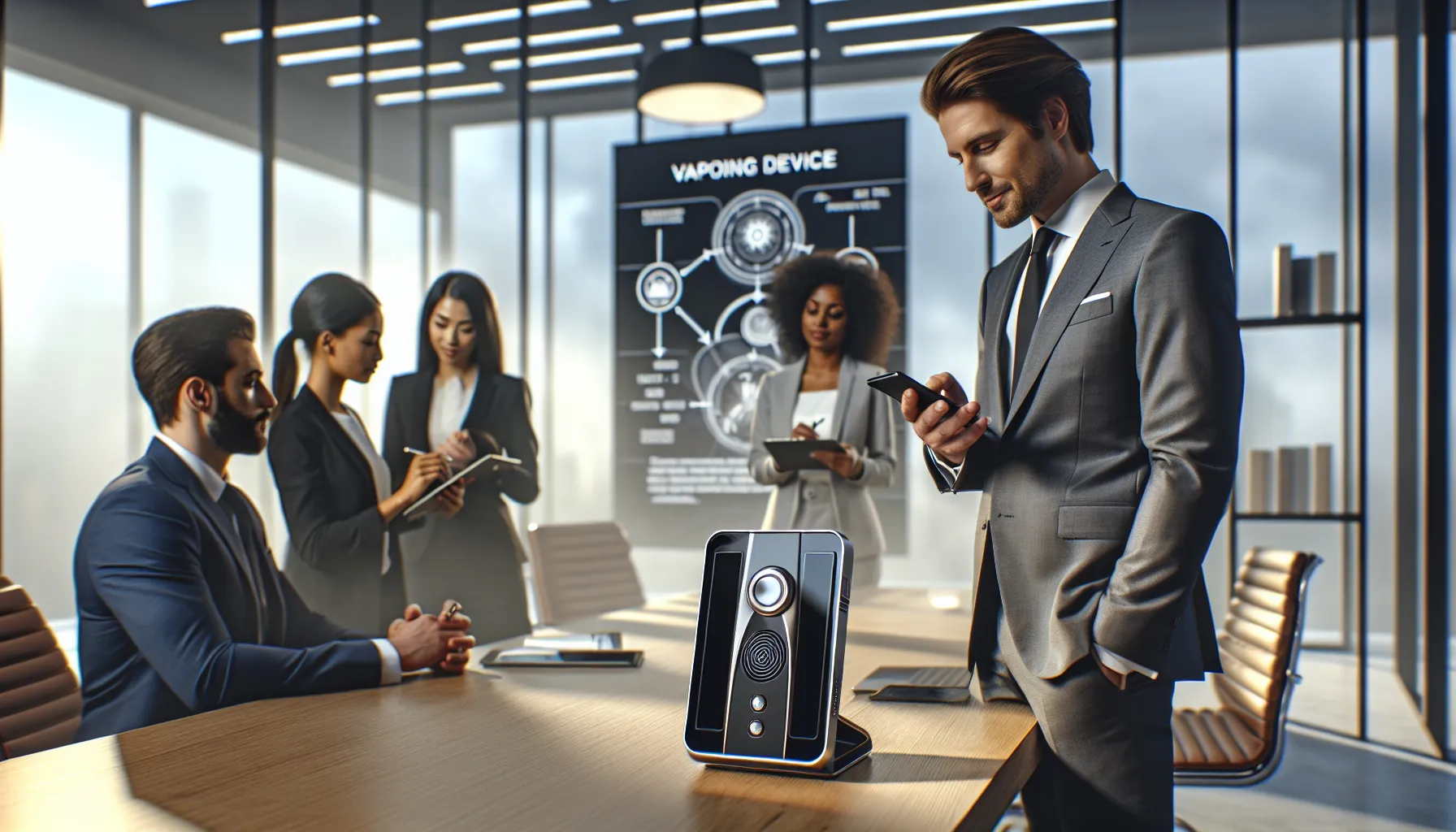 professionals discussing features of a Geek Vape device in a modern office.
