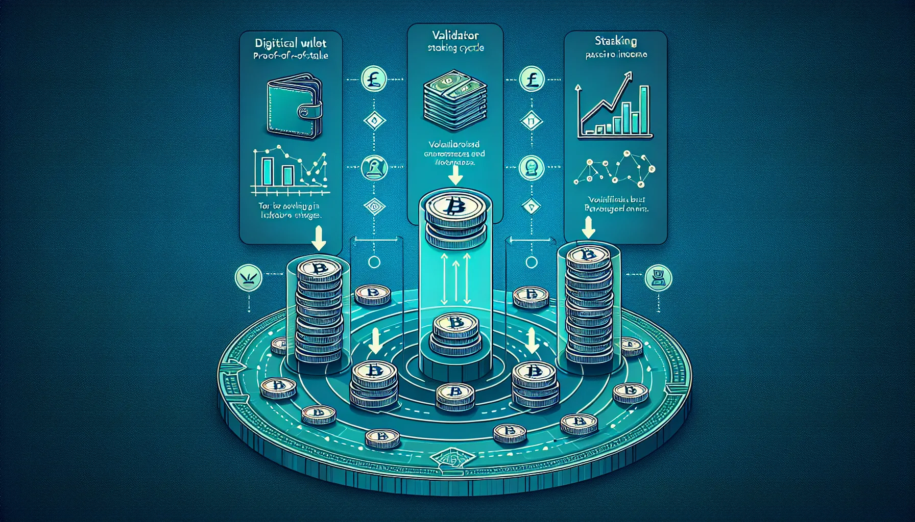 Three-part infographic showing crypto staking process, validation cycle, and passive income comparison.