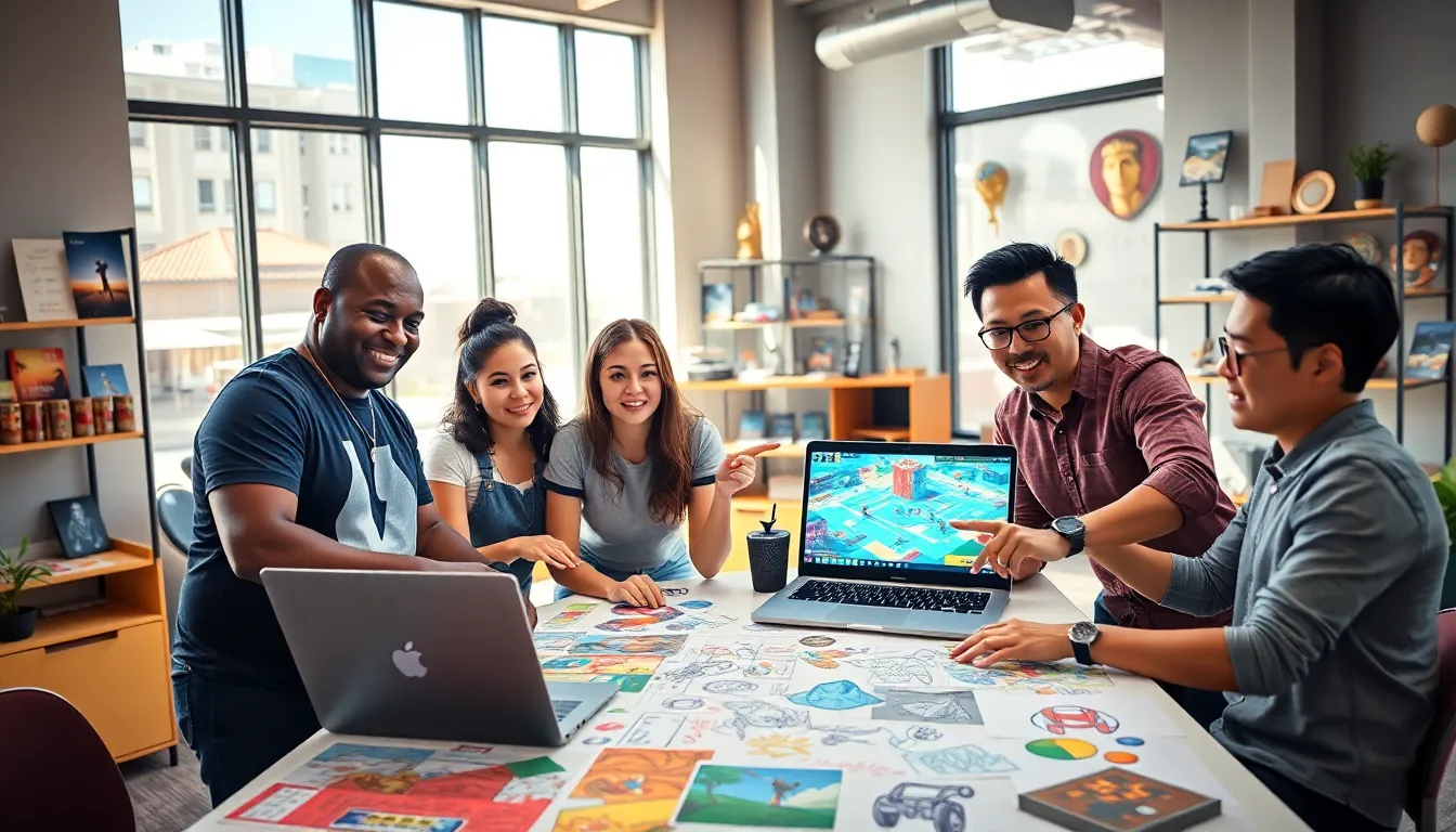 a diverse team of game developers collaborating in a bright office space.