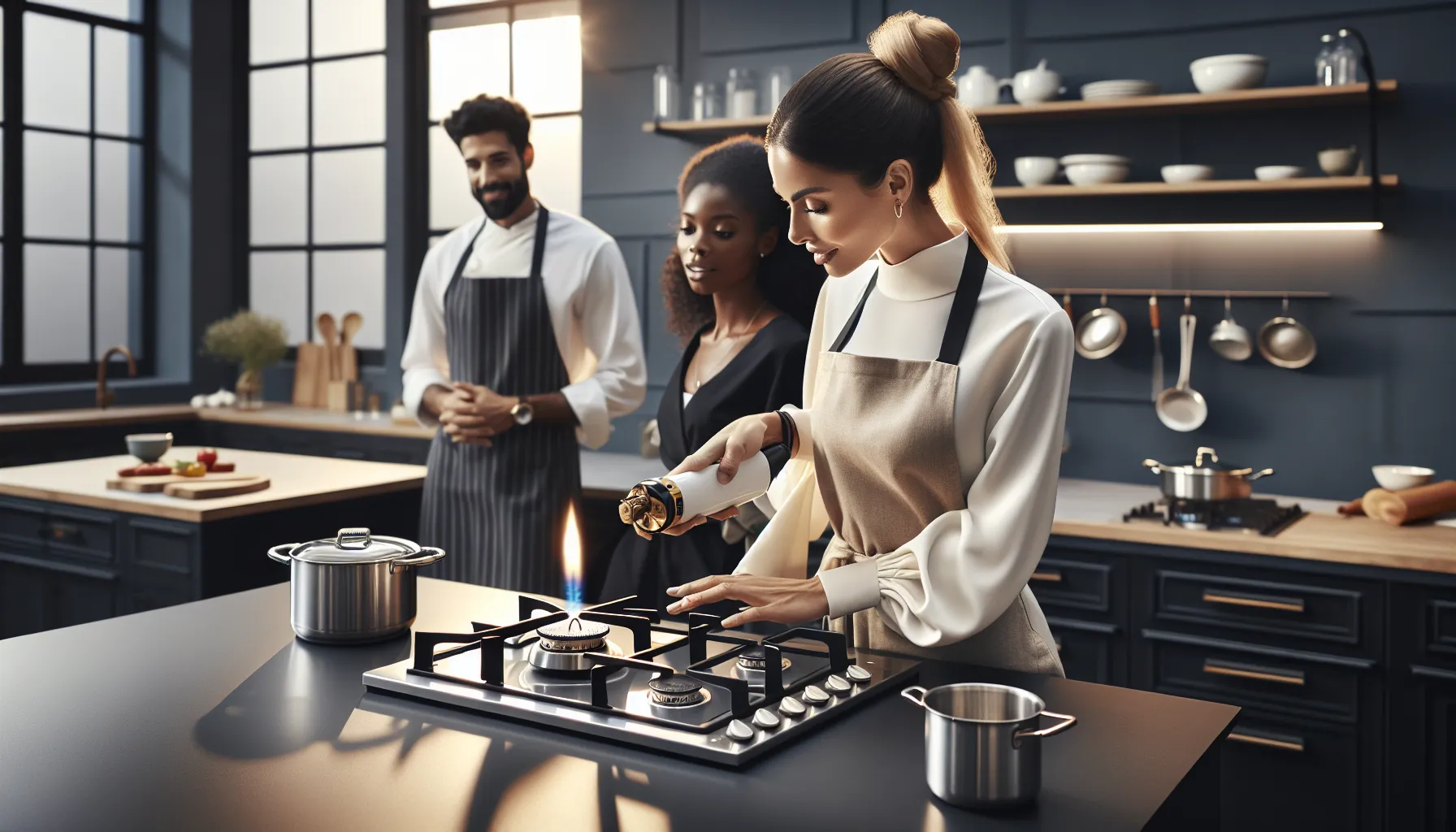 diverse professionals using a gas lighter in a modern kitchen.
