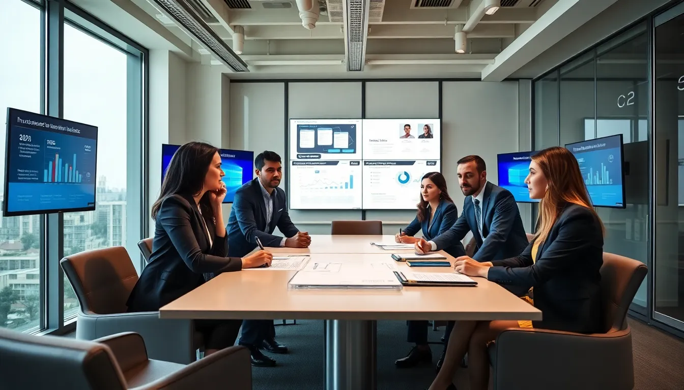 diverse team in a modern office discussing insurance solutions.