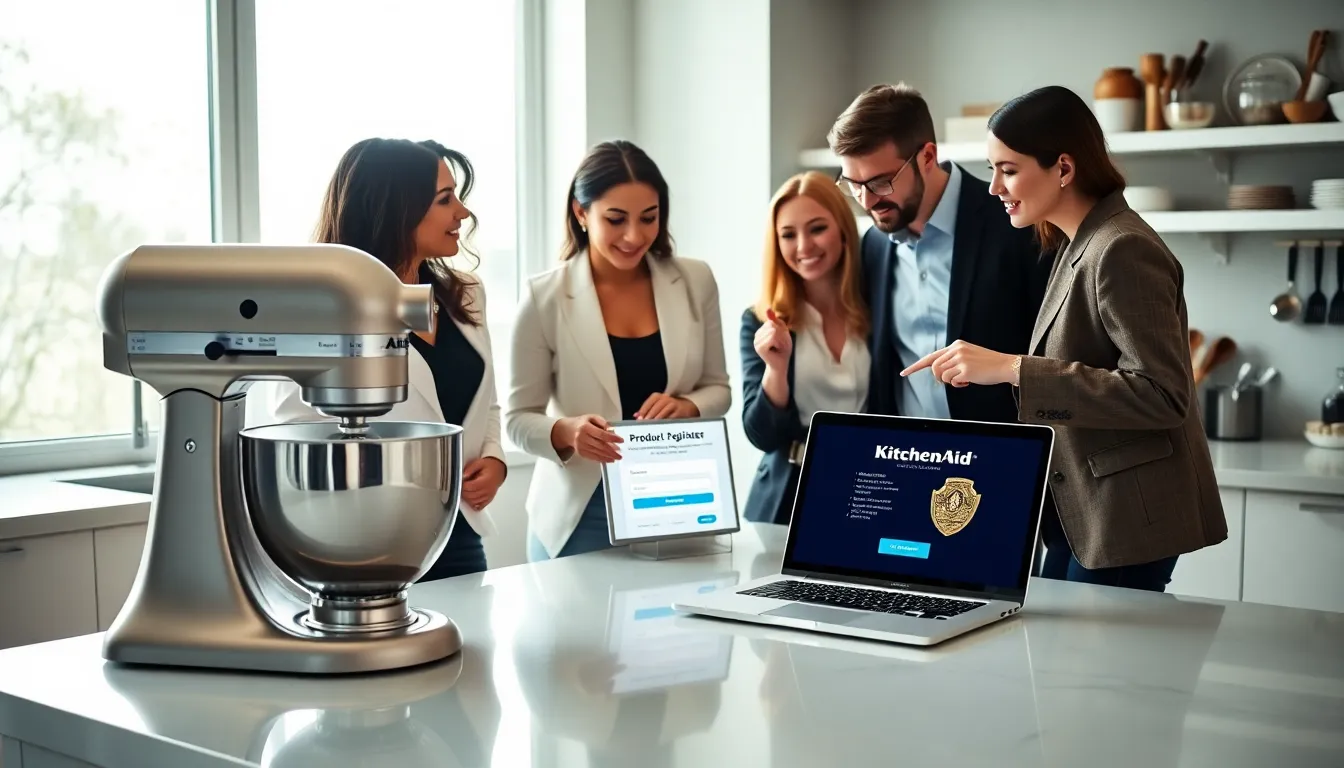 diverse professionals discussing KitchenAid product registration in a modern kitchen.