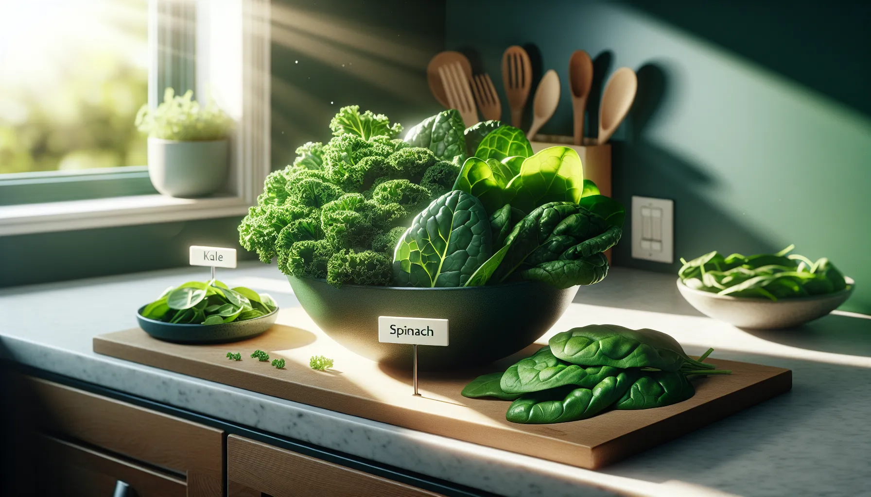Comparison of bowls containing kale and spinach on a kitchen counter.